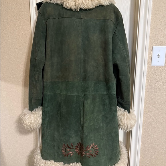 Green Shearling-Trim Suede Coat - Women's Green Jacket - Picture 2 of 3